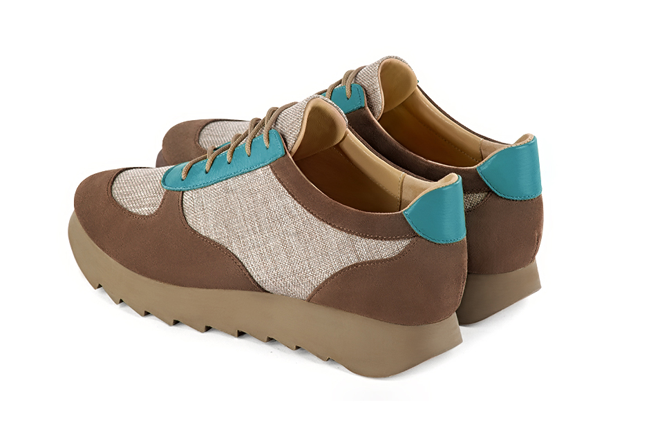 Chocolate brown, natural beige and turquoise blue women's three-tone elegant sneakers. Round toe. Low rubber soles. Rear view - Florence KOOIJMAN